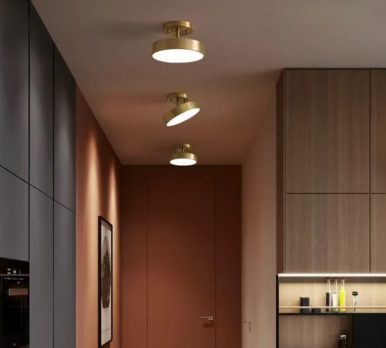 Brass drum flush mount ceiling light with round diffuser and short mounting stem