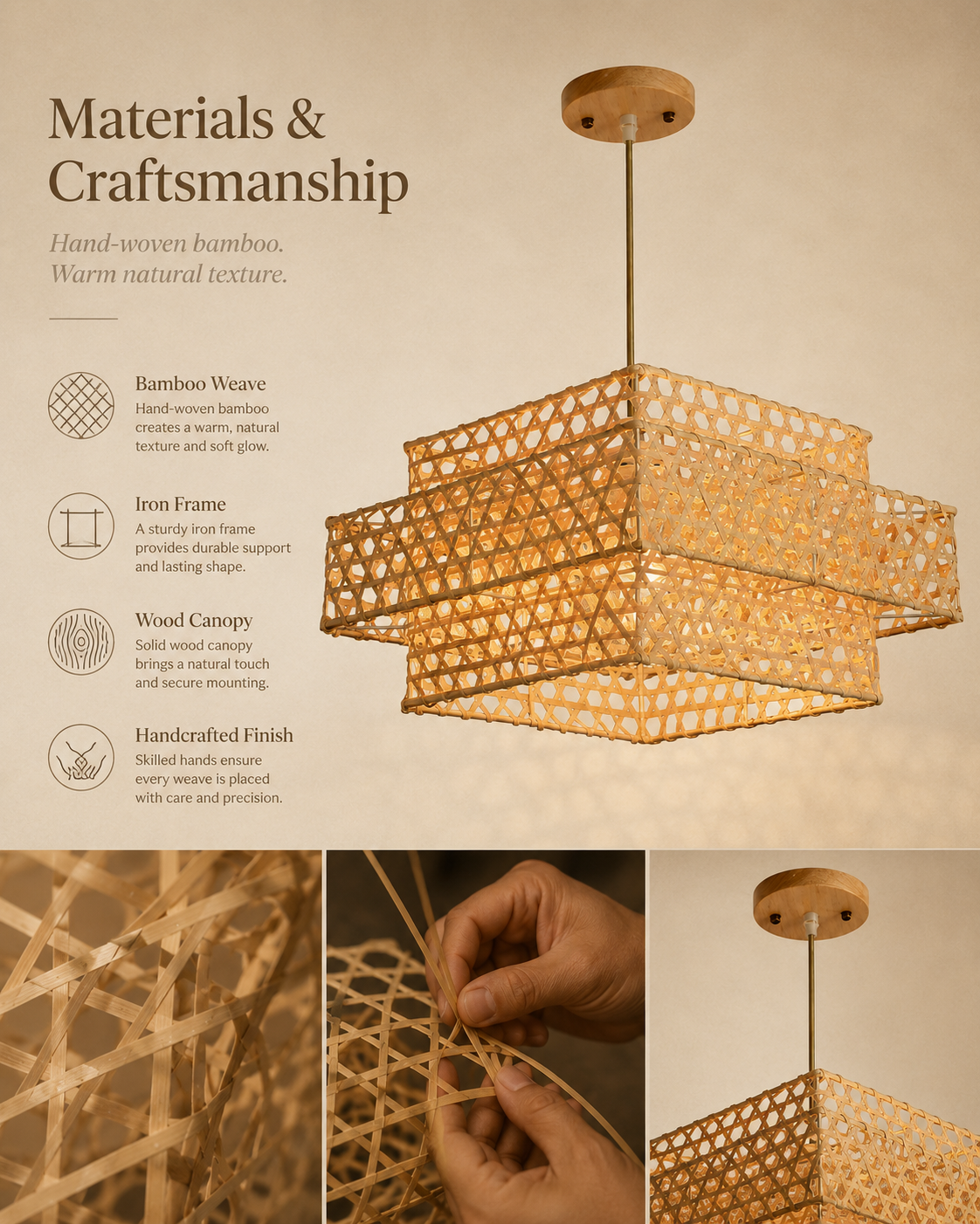 Natural materials and handcrafted details of Layered Lantern Bamboo Pendant Light