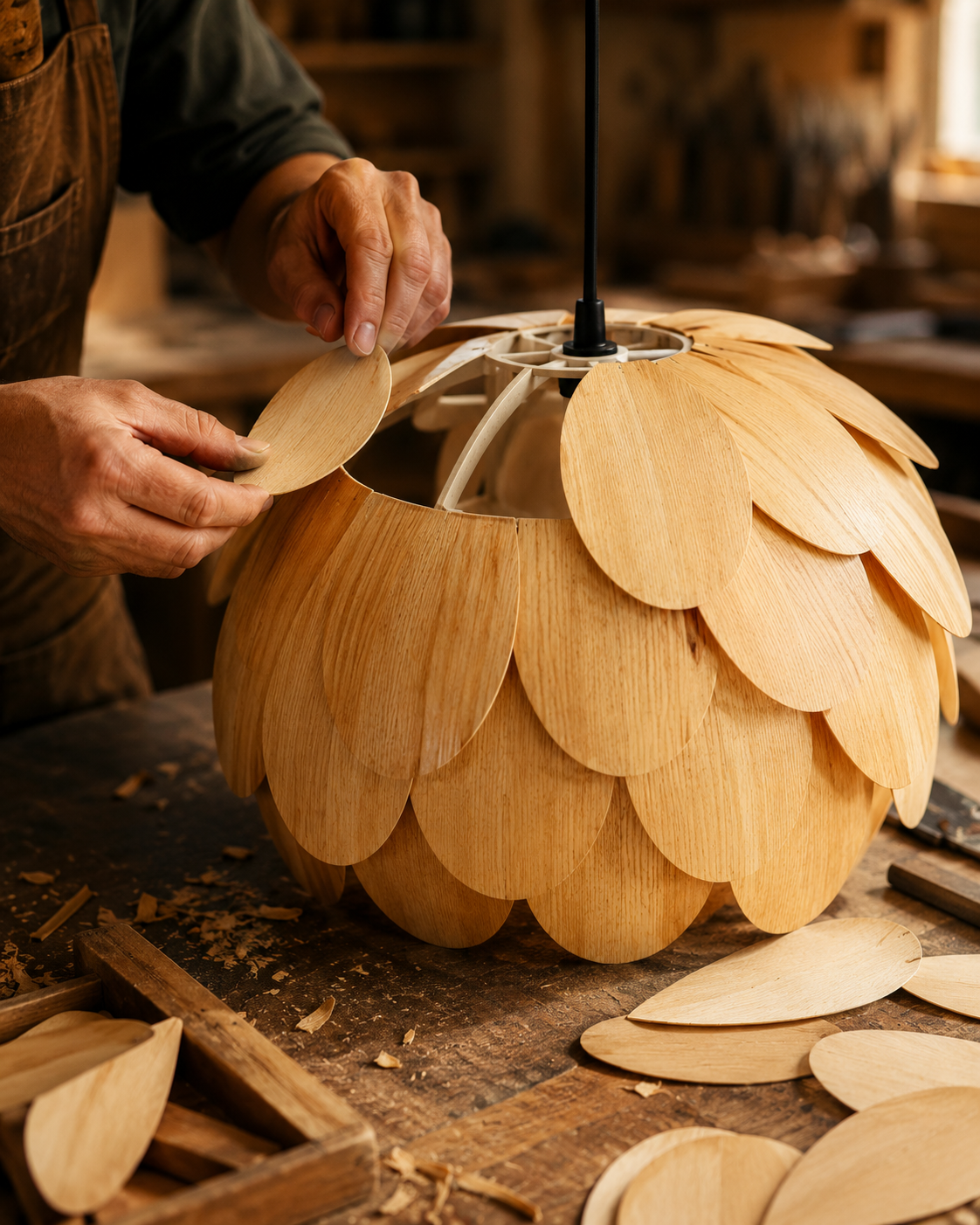 Natural materials and handcrafted details of Pinecone Wood Pendant Light