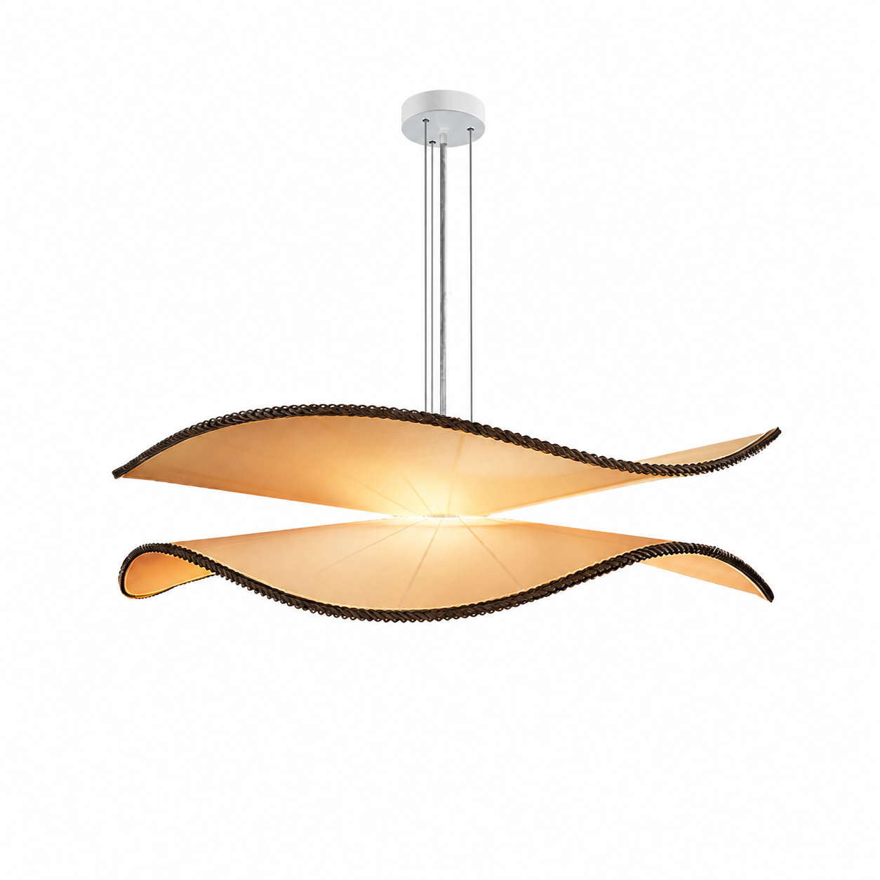Swooping amber pendant light with braided cord and warm glowing curved shades