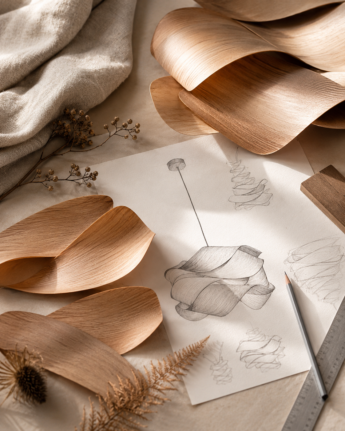 Pinecone Wood Veneer Pendant handcrafted lighting design by SolenaLighting