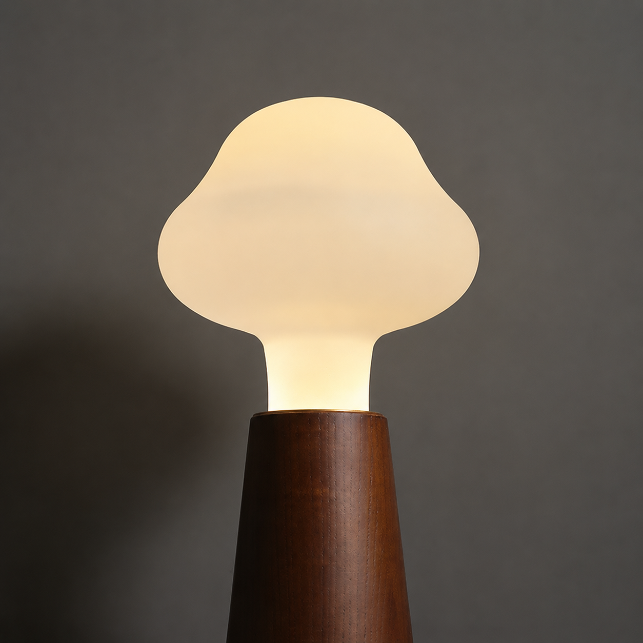 Cloud glass table lamp close-up: frosted globe shade and dark wood base