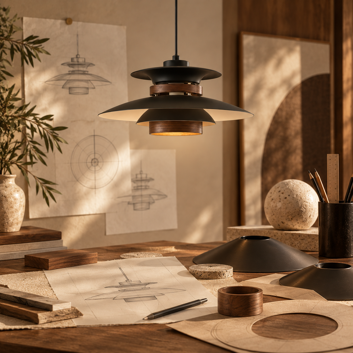 Form and silhouette detail of Mid-Century Modern Ash Wood UFO Pendant Light