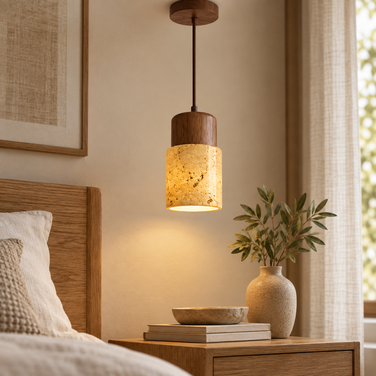Nordic Yellow Travertine & Walnut Pendant Light styled in a warm natural interior