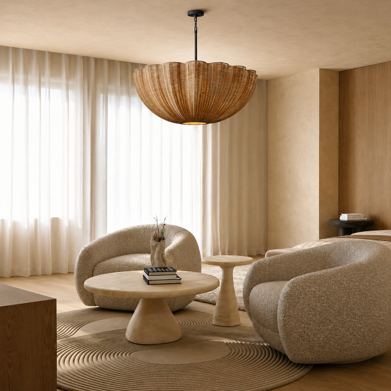 Rattan pendant light with woven dome shade and black ceiling mount