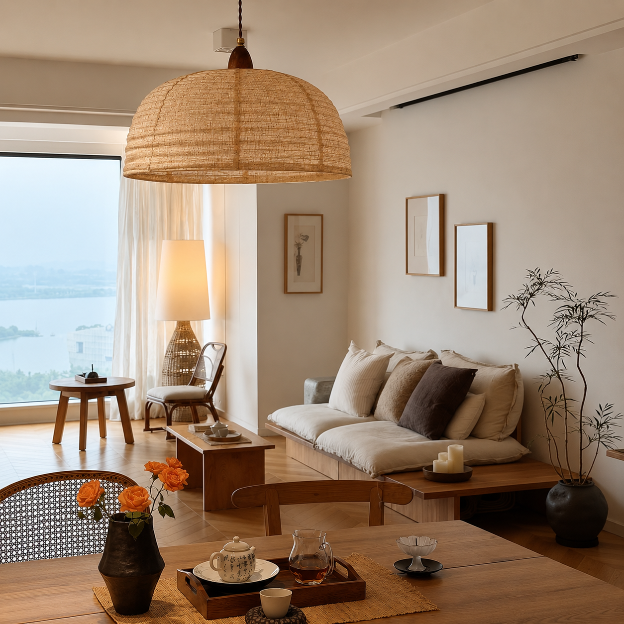 Large woven fabric bell pendant lamp with hanging cord
