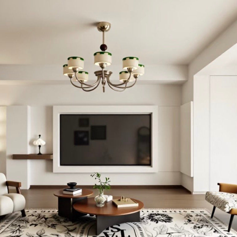 Small bronze chandelier with cream opal glass shades and multiple short arms