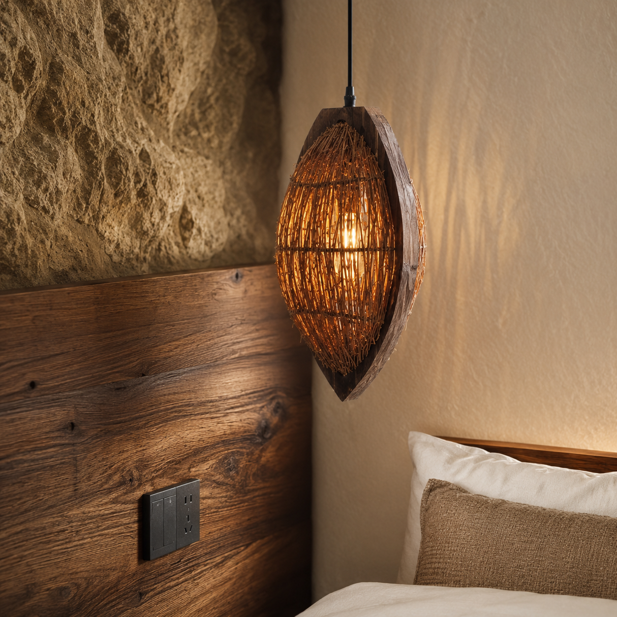 Woven rattan teardrop pendant lamp shade with warm glow, black ceiling mount and hanging cord.
