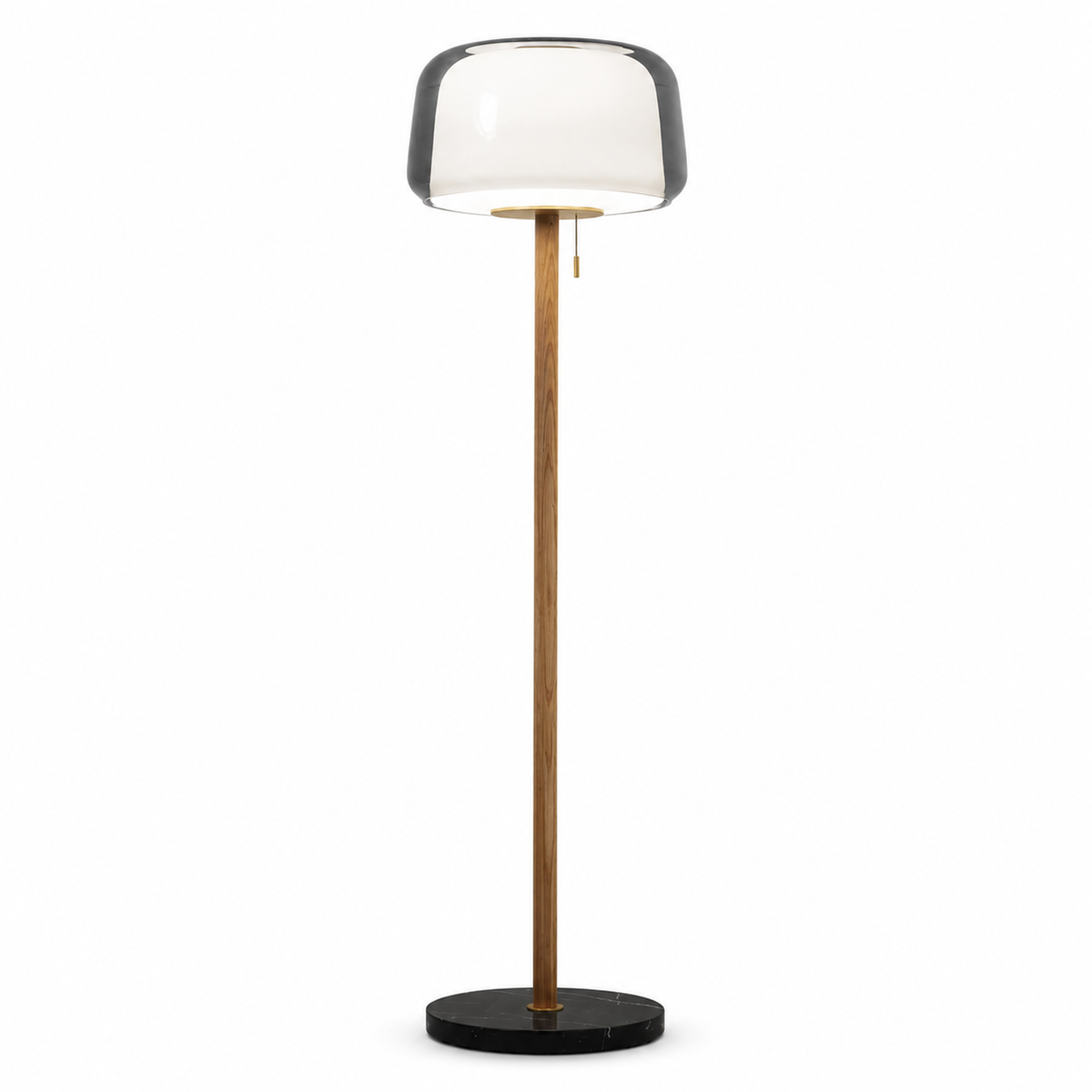 Floor lamp with smoked glass shade and tall wood column on a black round base