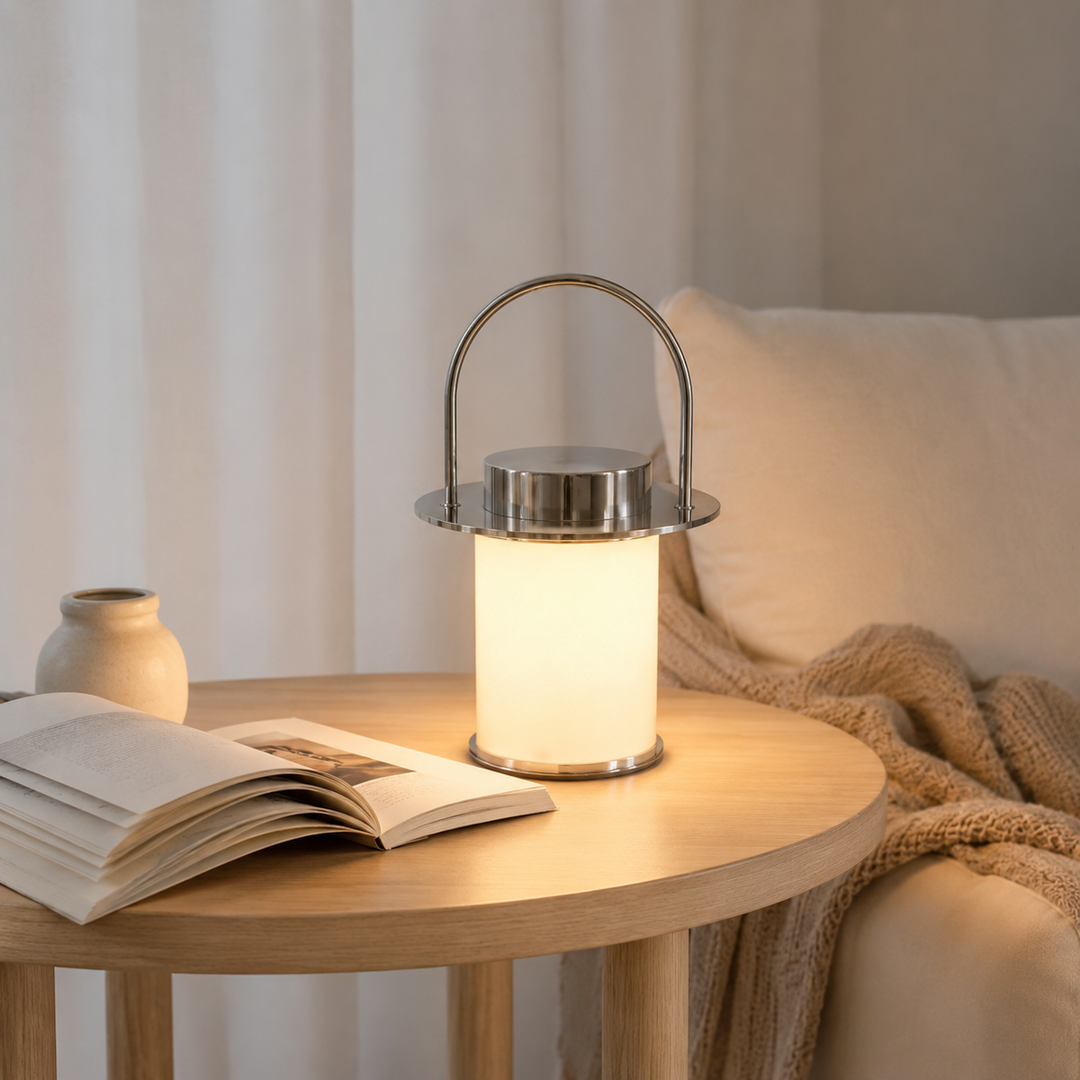 Chrome lantern table lamp with frosted glass body and arched metal handle