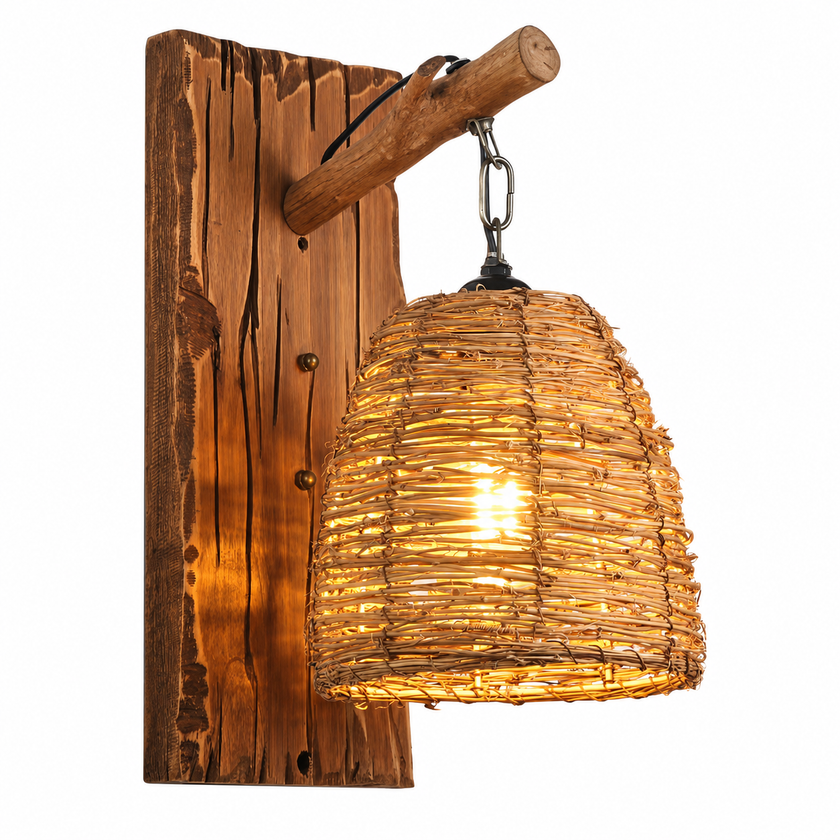 Rattan-style wall lantern with dark wood bracket and woven shade, warm light glowing