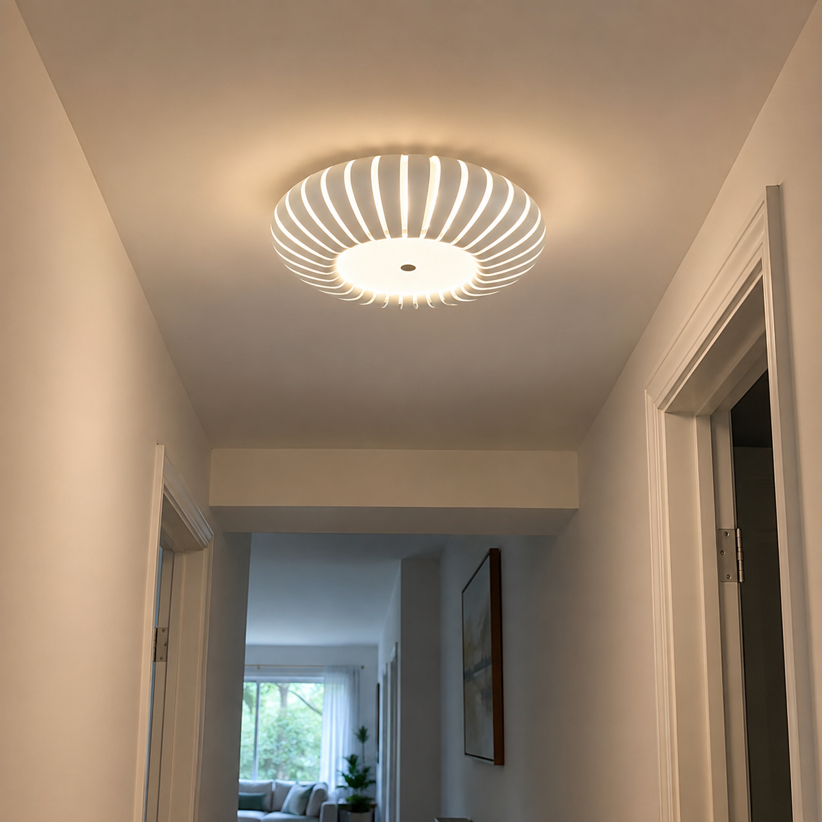 Ribbed flush mount ceiling light with warm glow and white striped outer ring