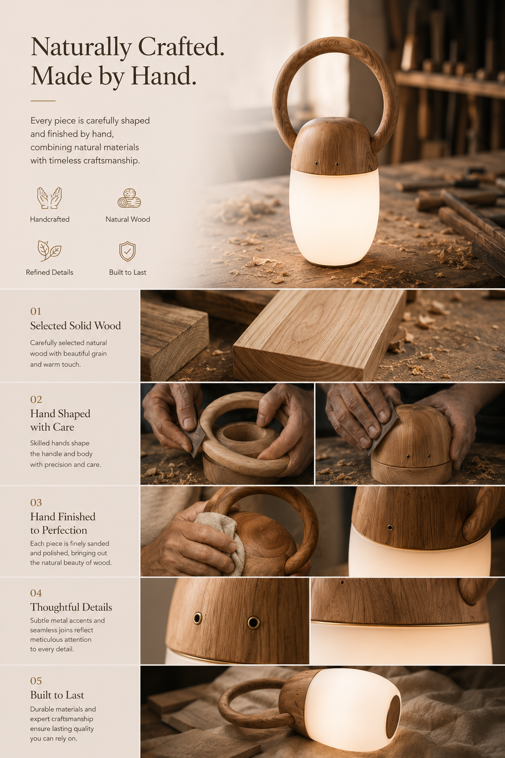 Natural materials and handcrafted details of Ring Handle Wood Lantern Table Lamp