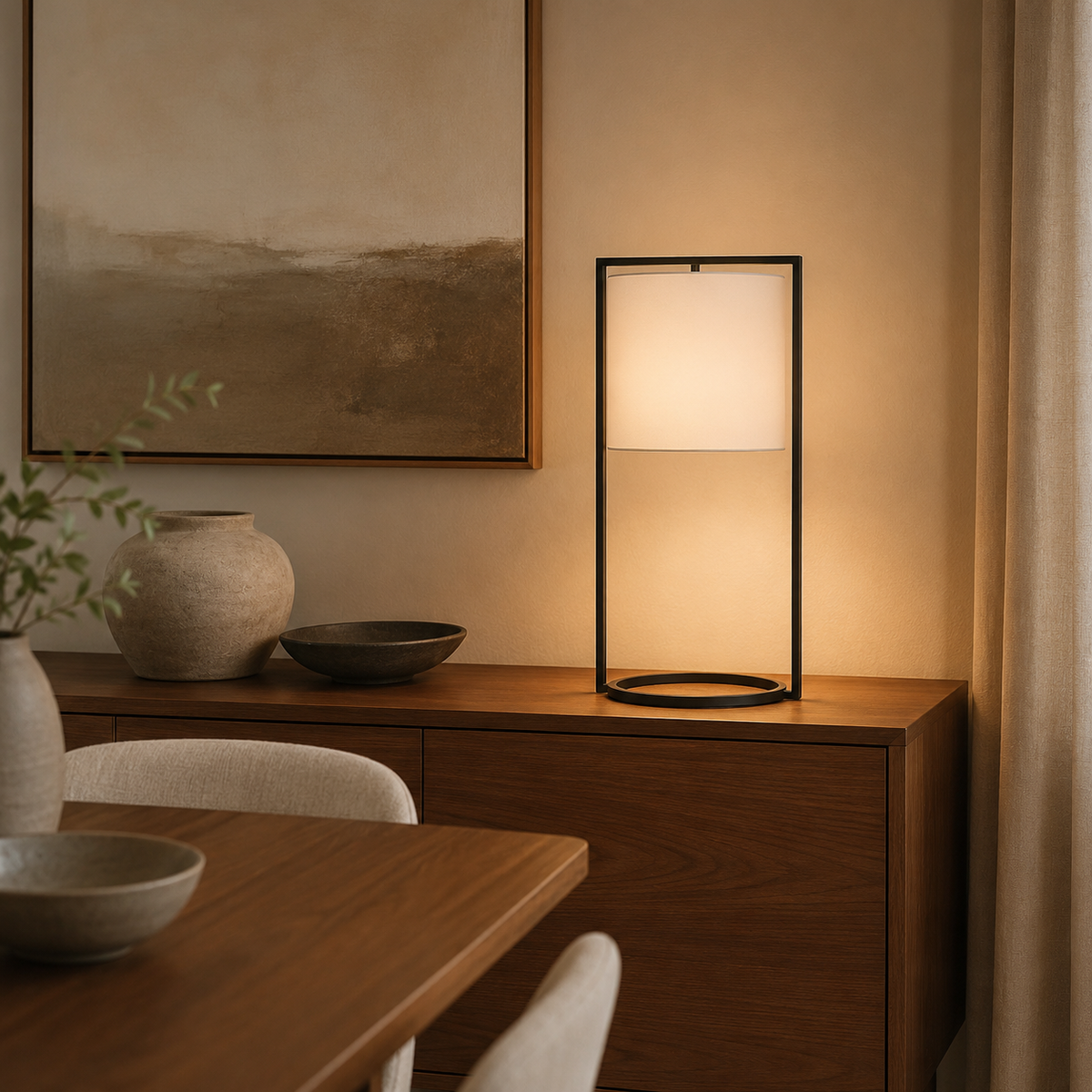 Matte black table lamp with square fabric shade and circular base ring on dark wood.