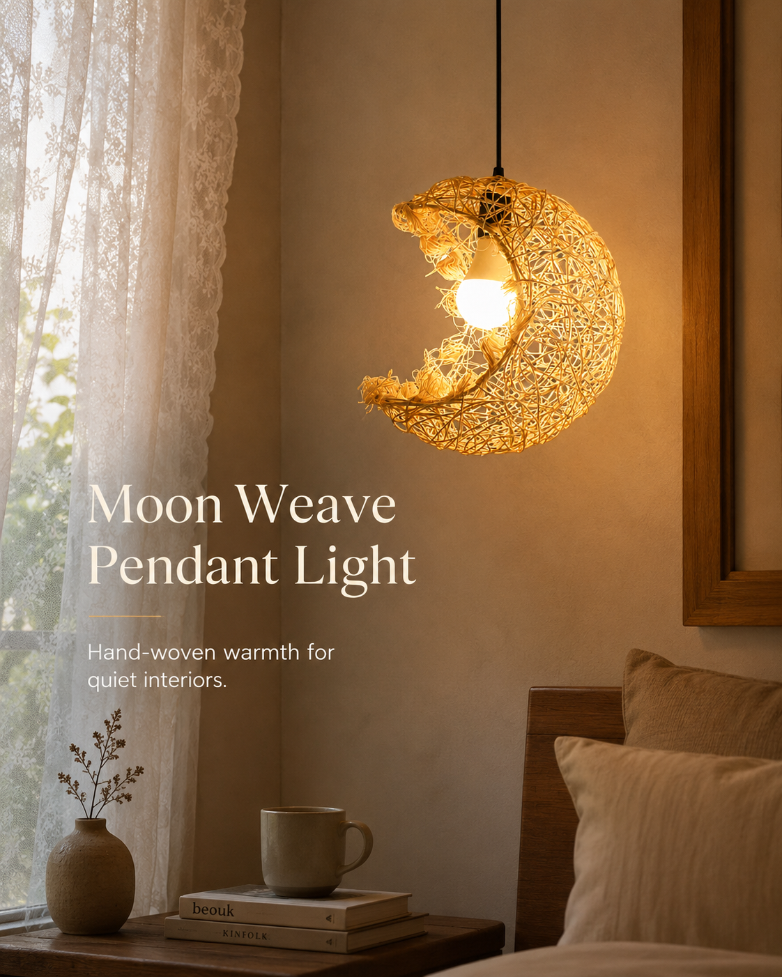 Rattan Crescent Pendant Light handcrafted lighting design by SolenaLighting