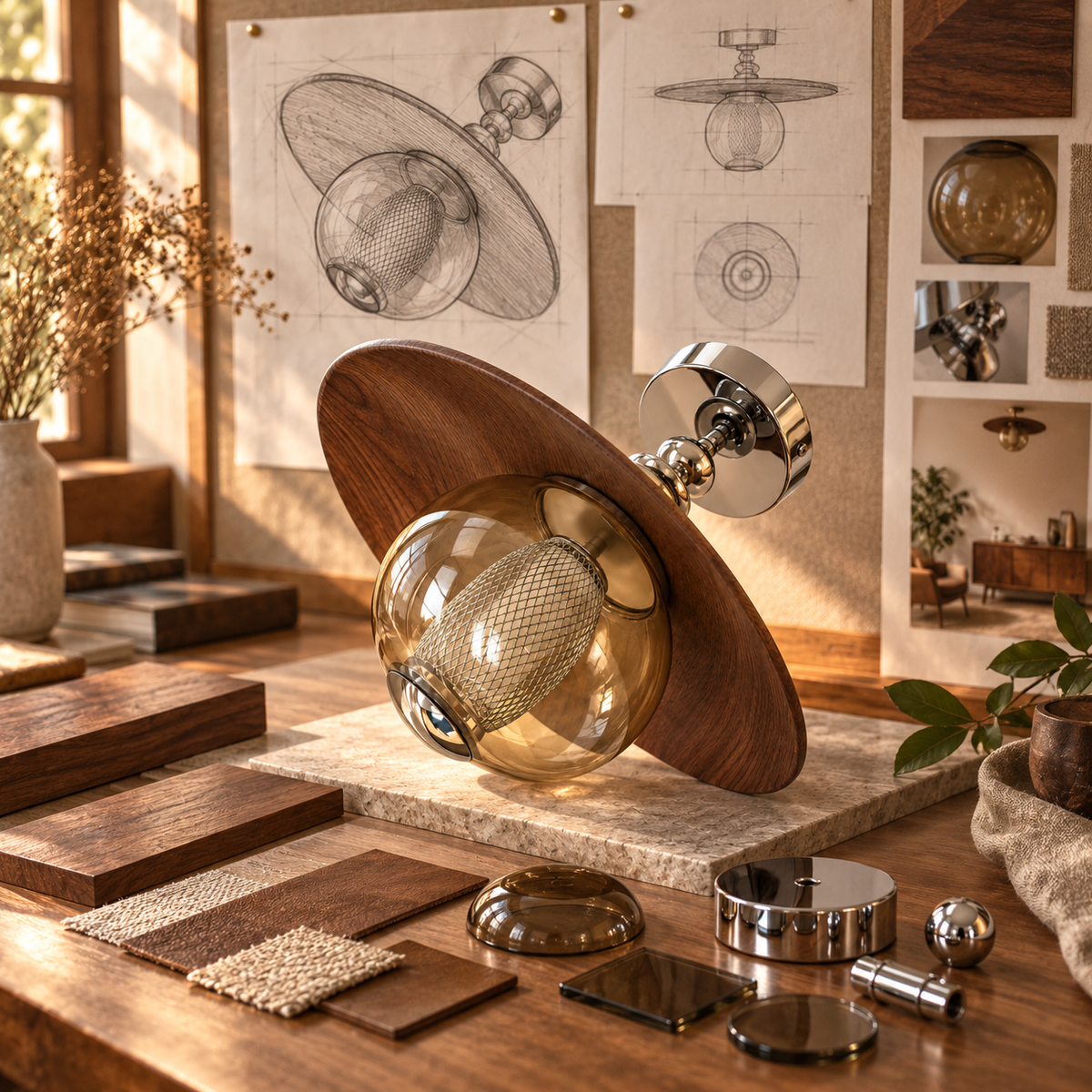 Natural materials and handcrafted details of Mid-Century Full Spectrum Glass Ceiling Light