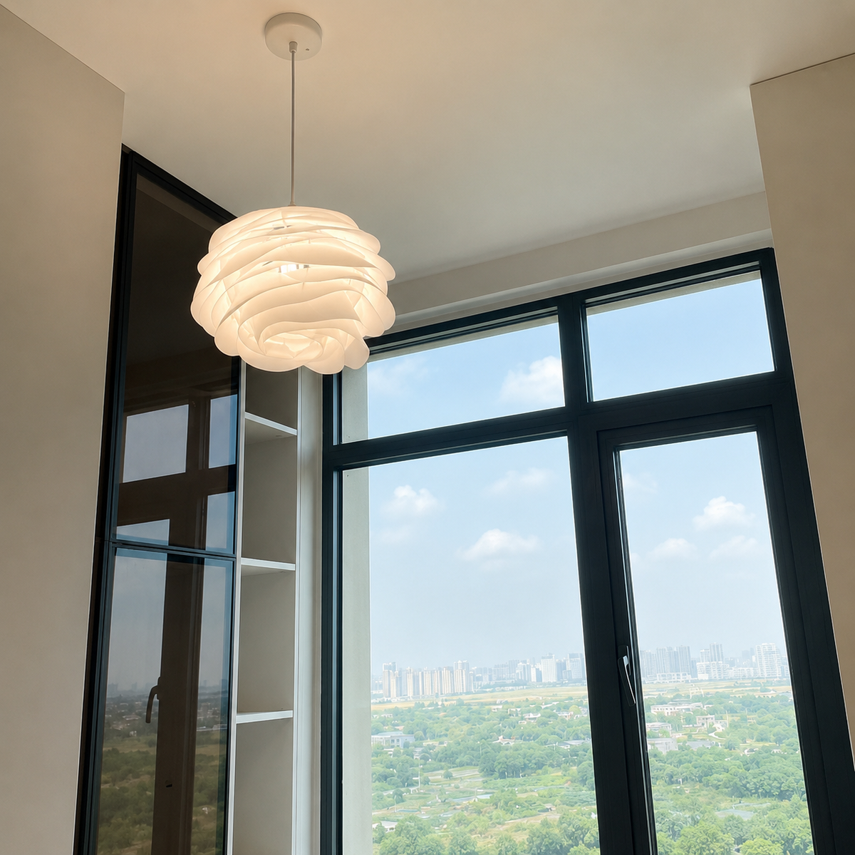 White petal swirl pendant light with layered petal dome shade