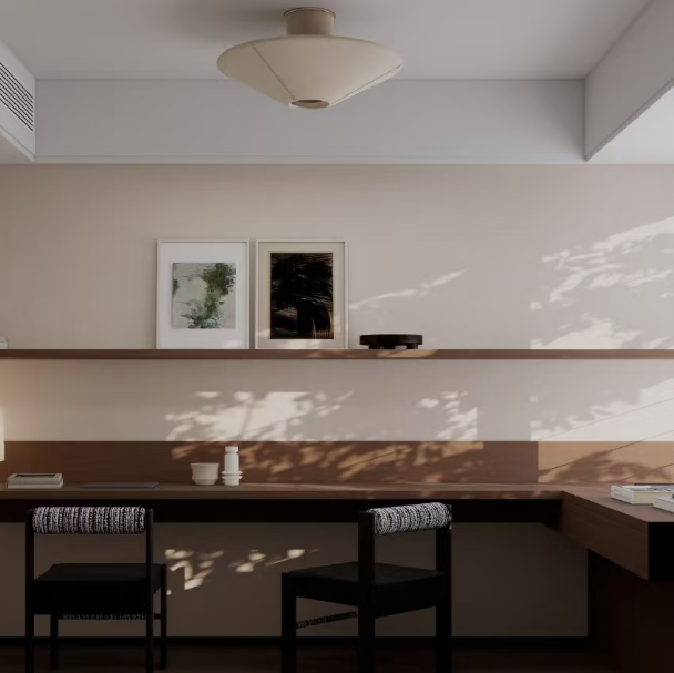 Ceiling flush mount light with beige fabric shade, partially visible in room scene