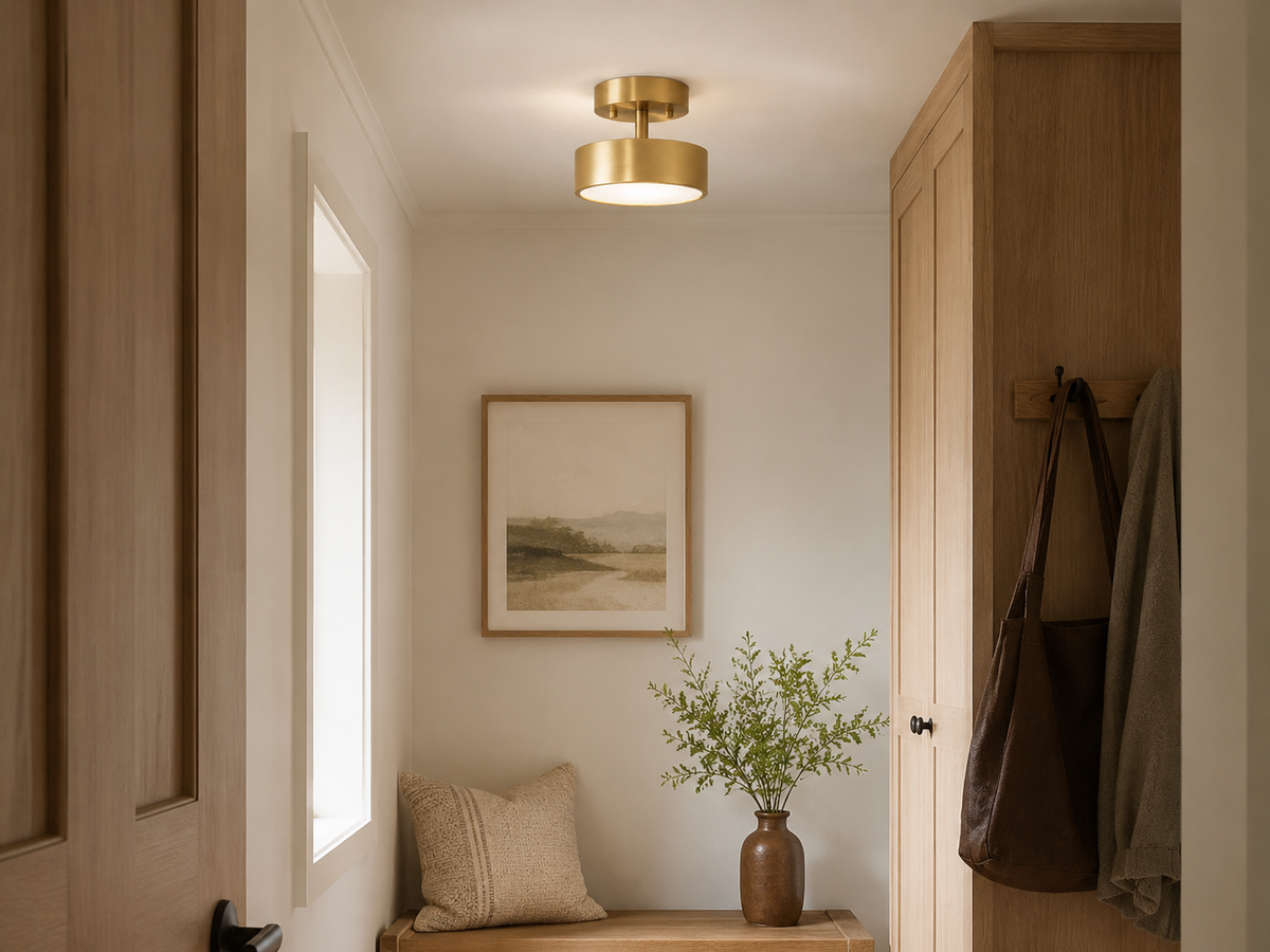 Brass drum flush mount ceiling light with round canopy and warm white diffuser