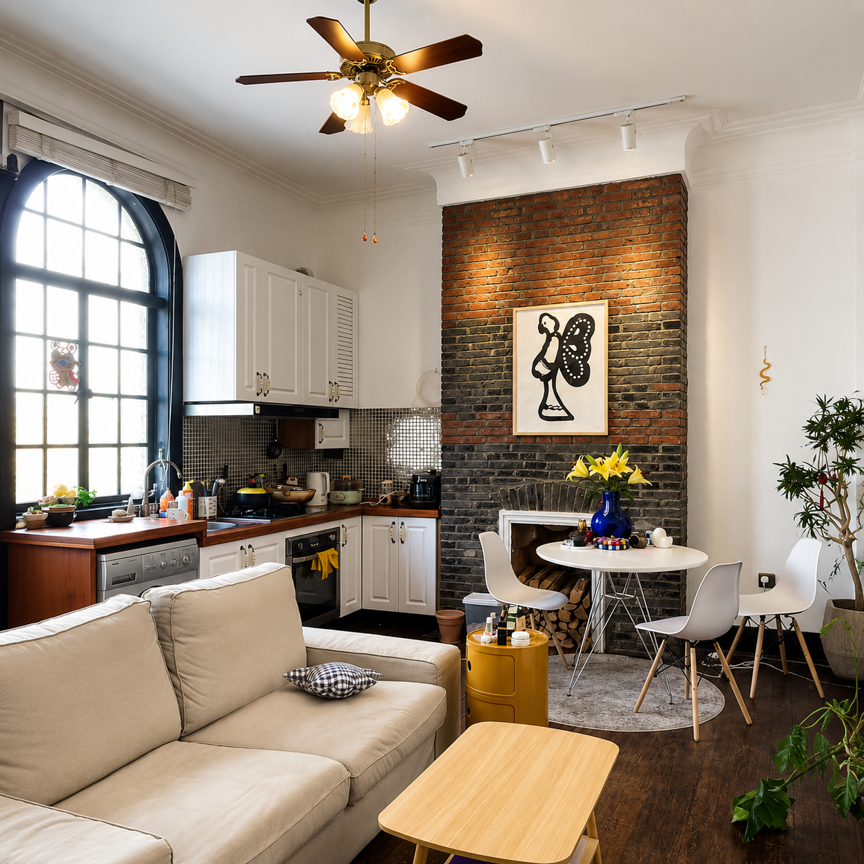 Wood-blade ceiling fan with brass finish and three-bulb frosted glass light fixture
