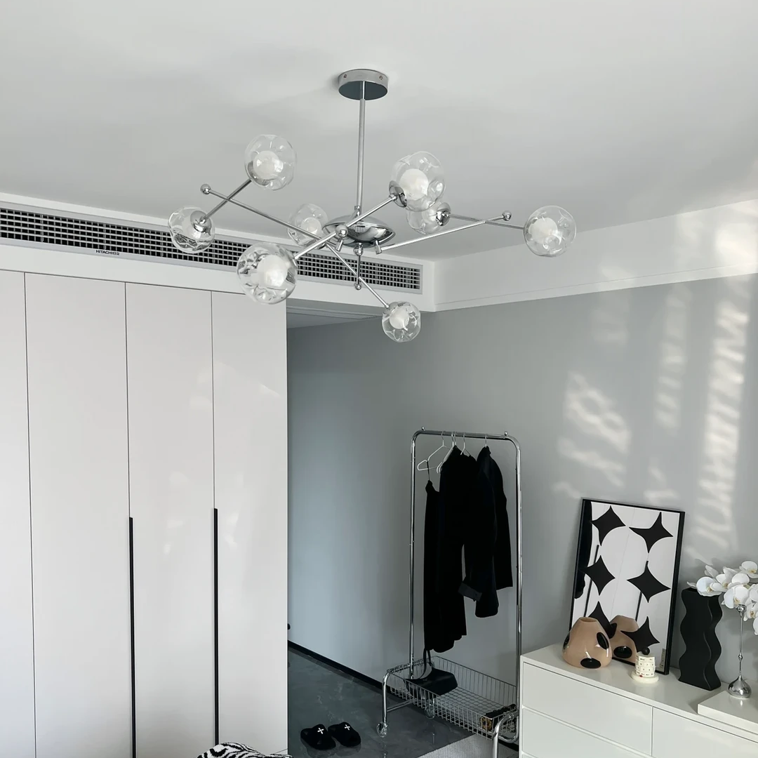 Bauhaus balance globe chandelier, 6-light round glass globes and central stem