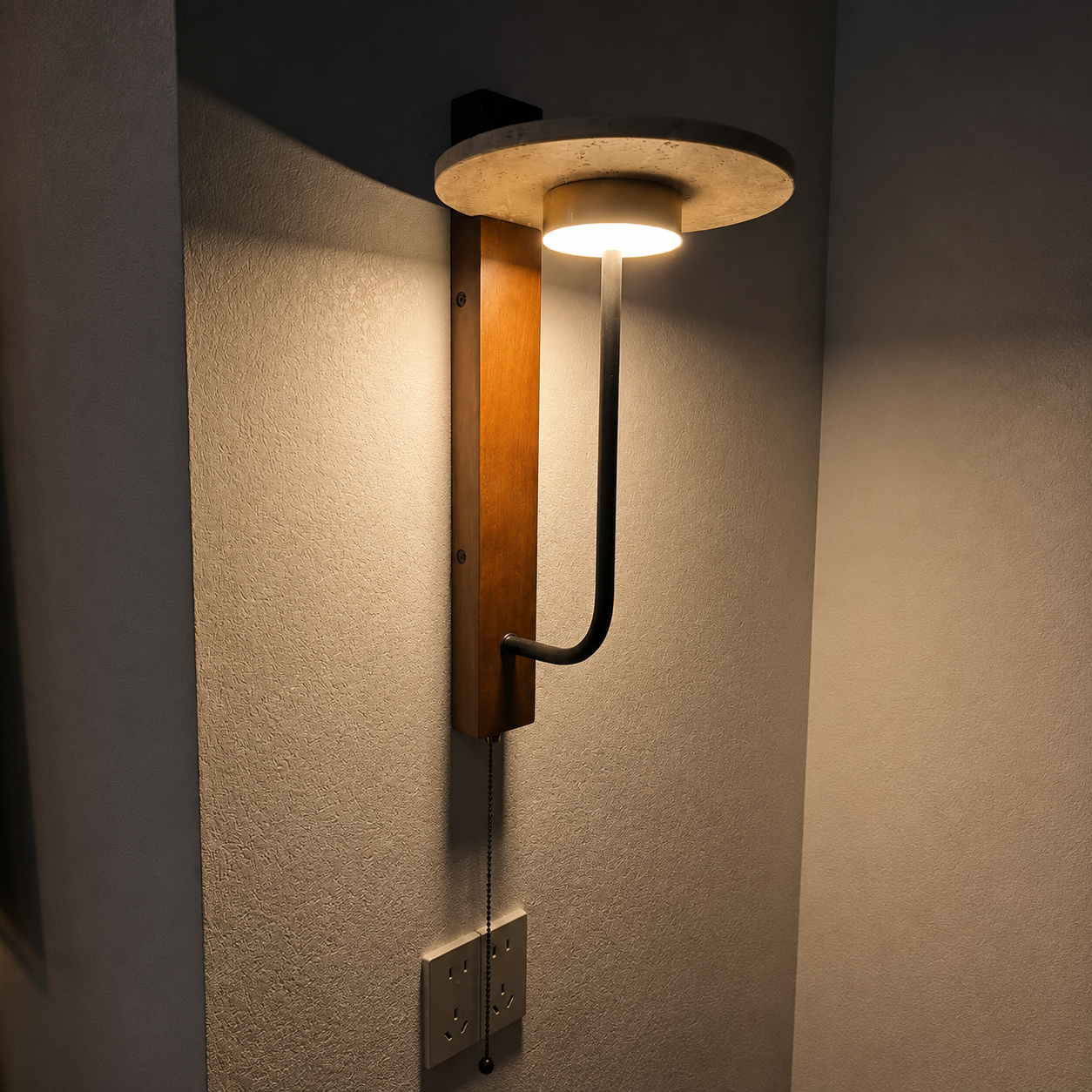 Wood wall sconce with halo shade and curved black arm, mounted on wall