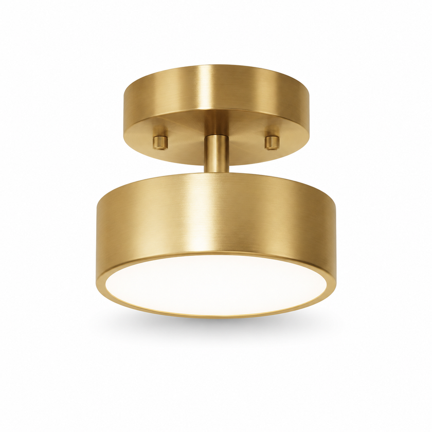 Brass drum flush mount ceiling light with round shade and exposed mounting screws