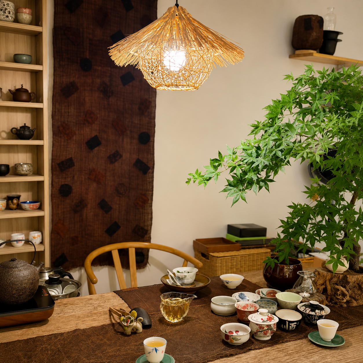 Woven rattan pendant light above dining table with potted greenery and warm bulb glow