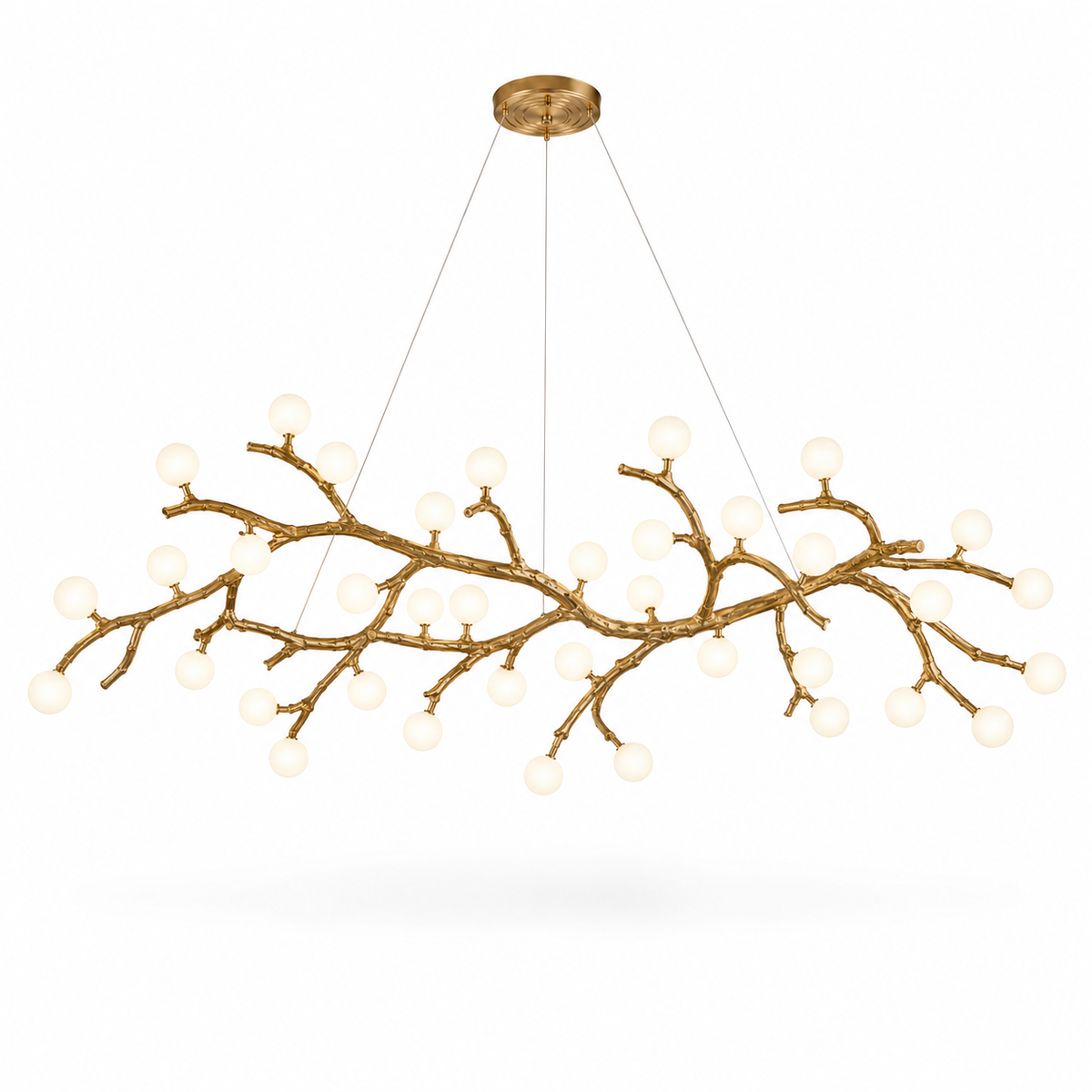 Gold branch chandelier with dense clusters of white globe bulbs on curved arms from round mount