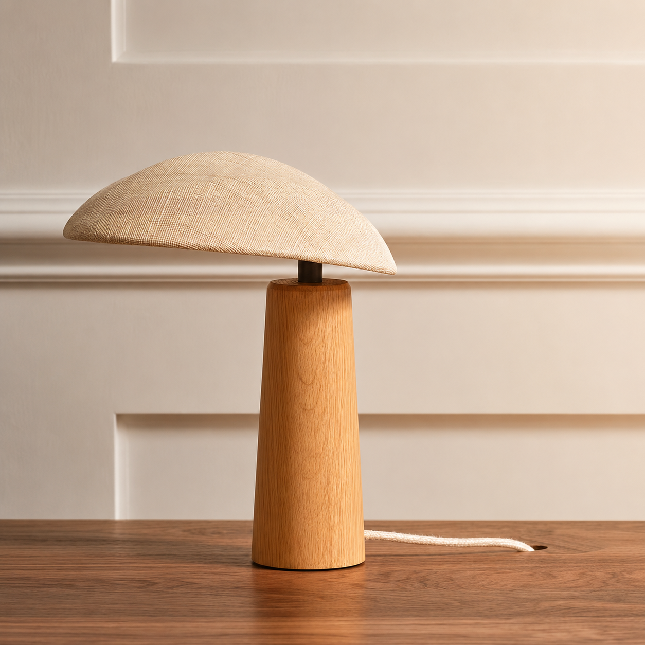 Linen dome table lamp with tall cylindrical wood base