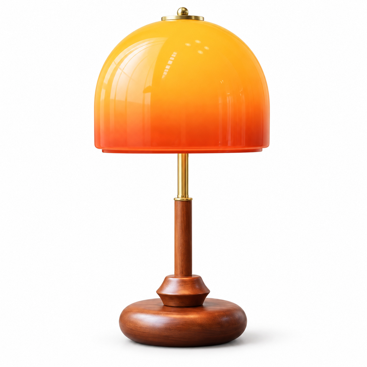 A vintage-style table lamp with a glossy orange-to-yellow gradient dome shade, a polished wooden stem, and a round wooden base on a white background.