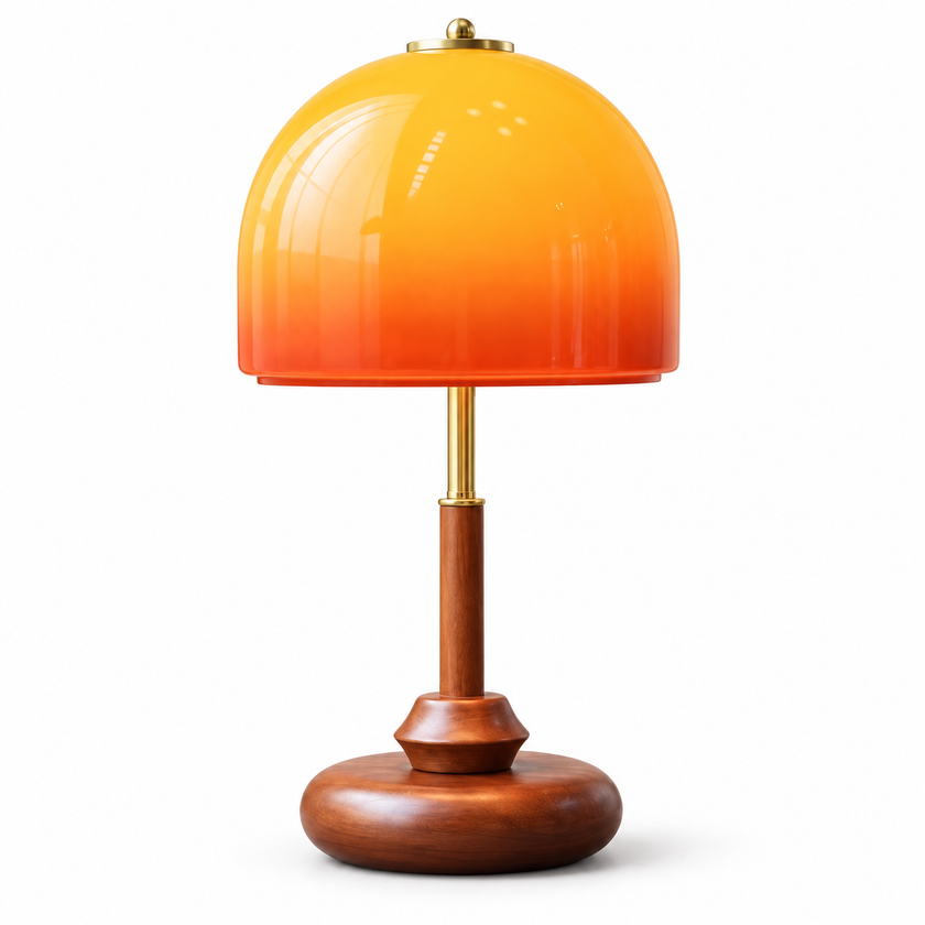 A vintage-style table lamp with a glossy orange-to-yellow gradient dome shade, a polished wooden stem, and a round wooden base on a white background.