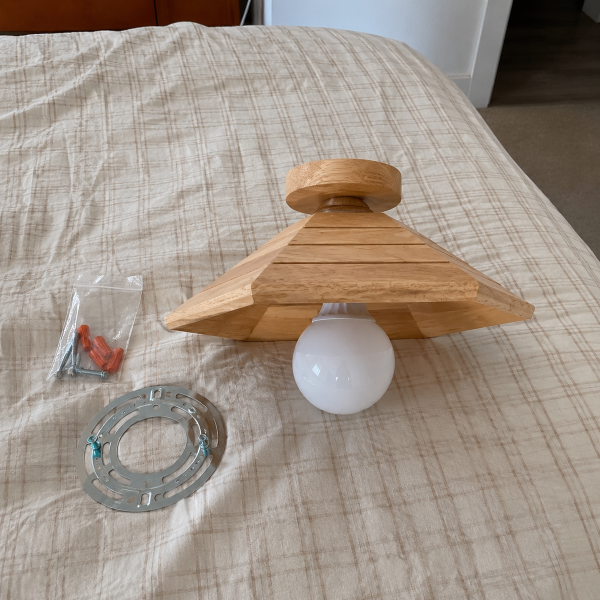 Wood flush-mount ceiling light fixture with frosted bulb globe diffuser and mounting ring