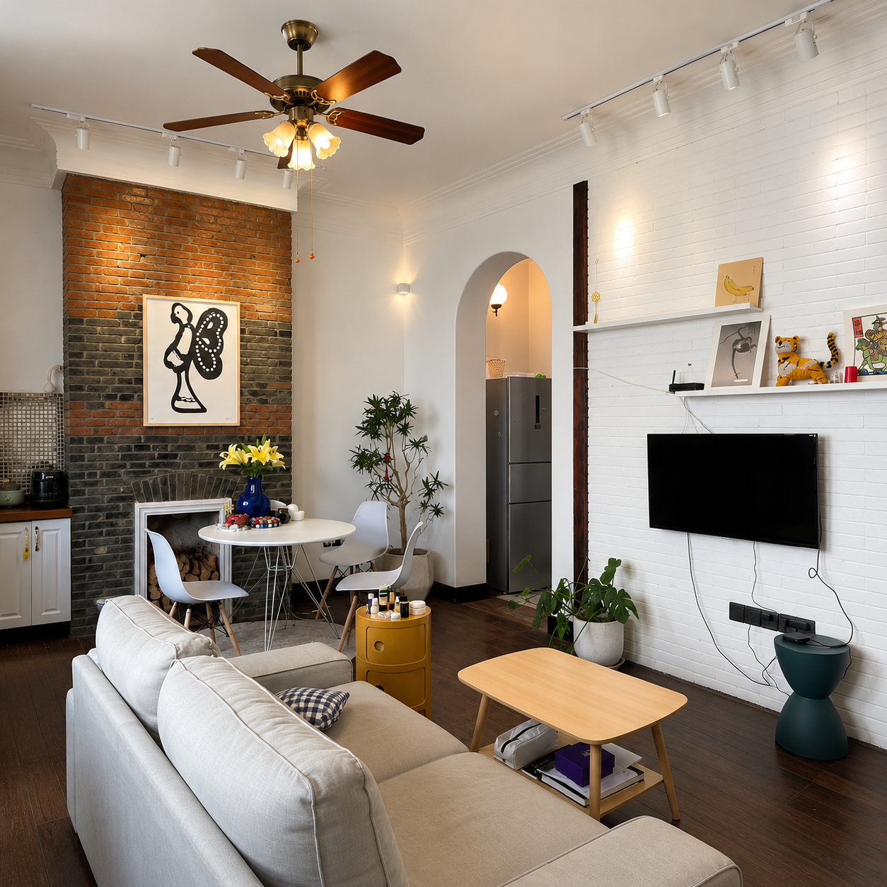 Wood-blade ceiling fan with brass finish and frosted glass bulb light kit