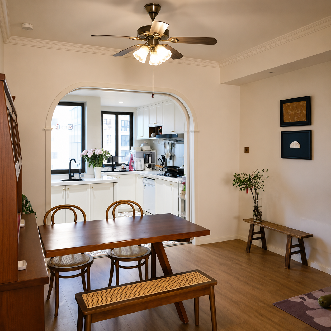 Wood-blade ceiling fan with brass finish and three-light frosted glass shade cluster