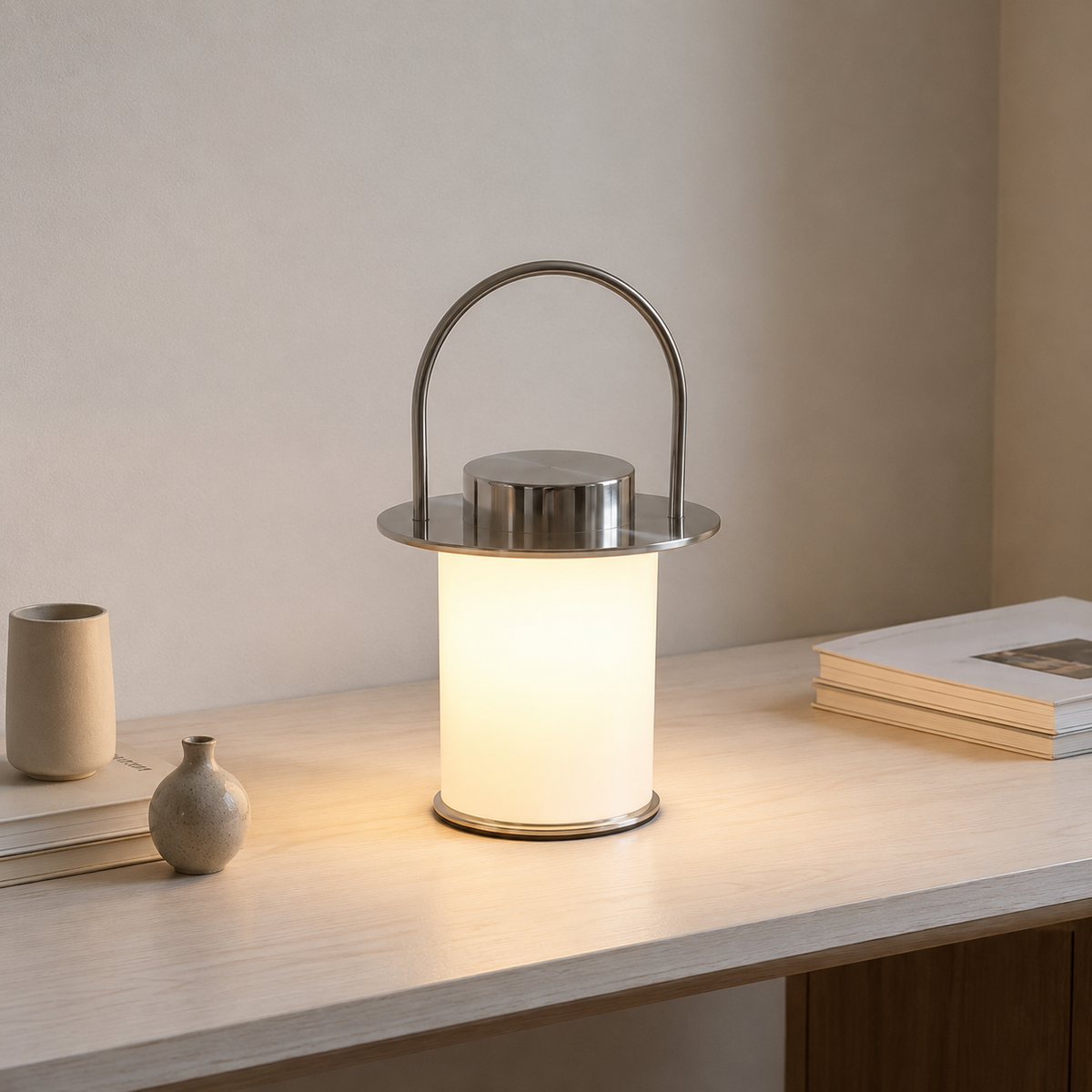 Chrome lantern table lamp with frosted glass shade and rounded metal top