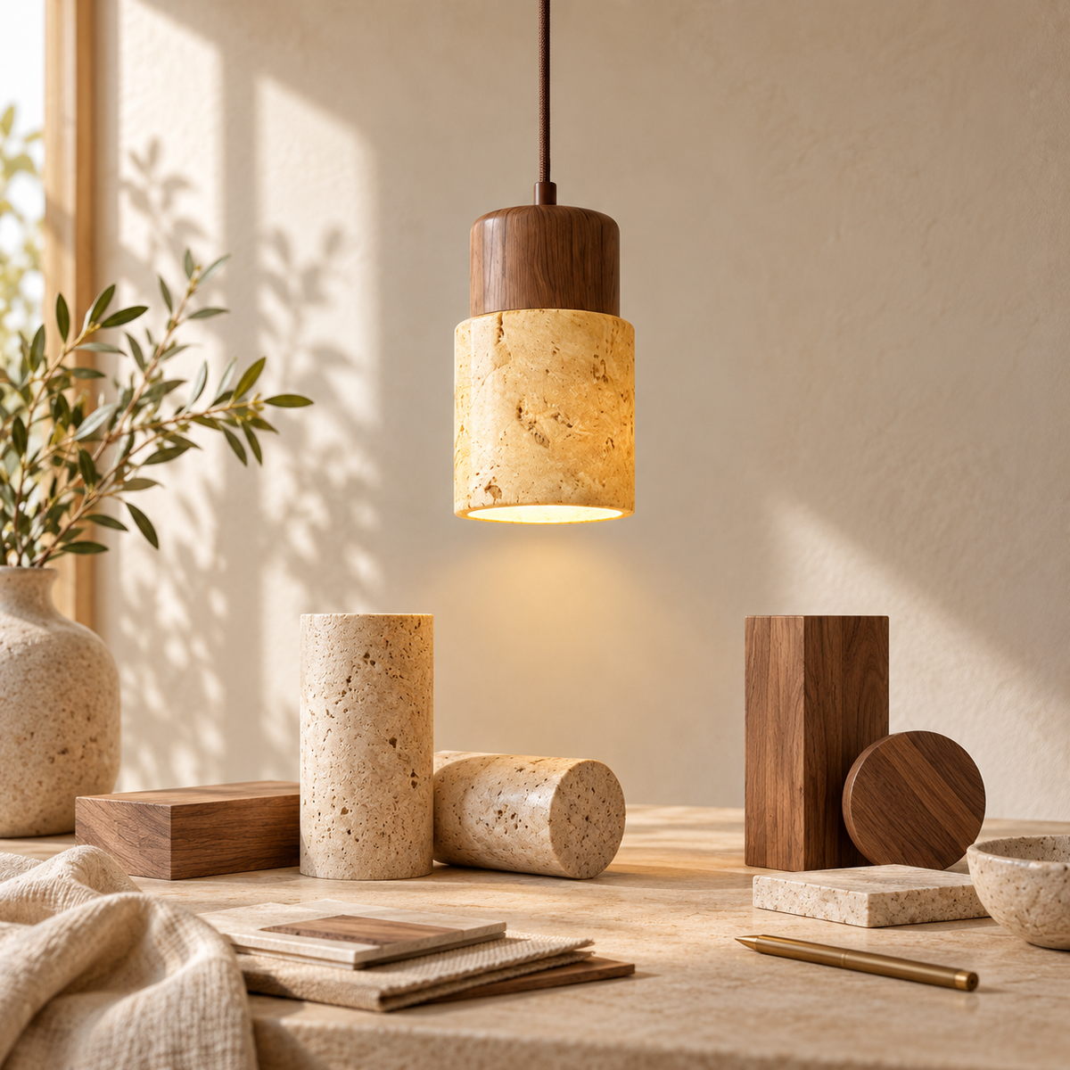 Finished craftsmanship detail of Nordic Yellow Travertine & Walnut Pendant Light