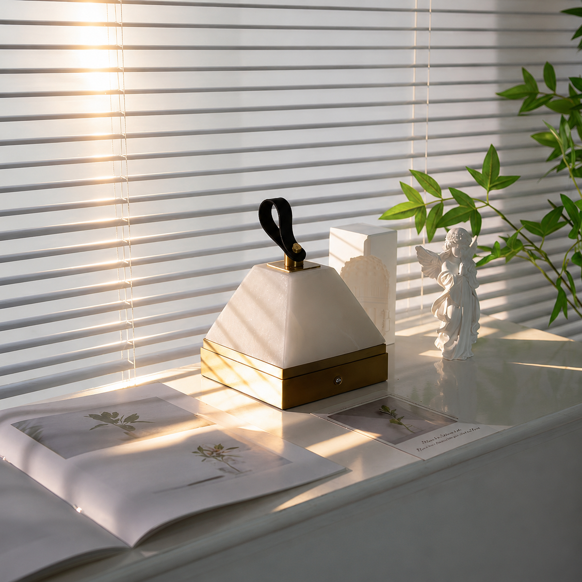 Pyramid alabaster portable table lamp with white pyramid shade, gold base, black top