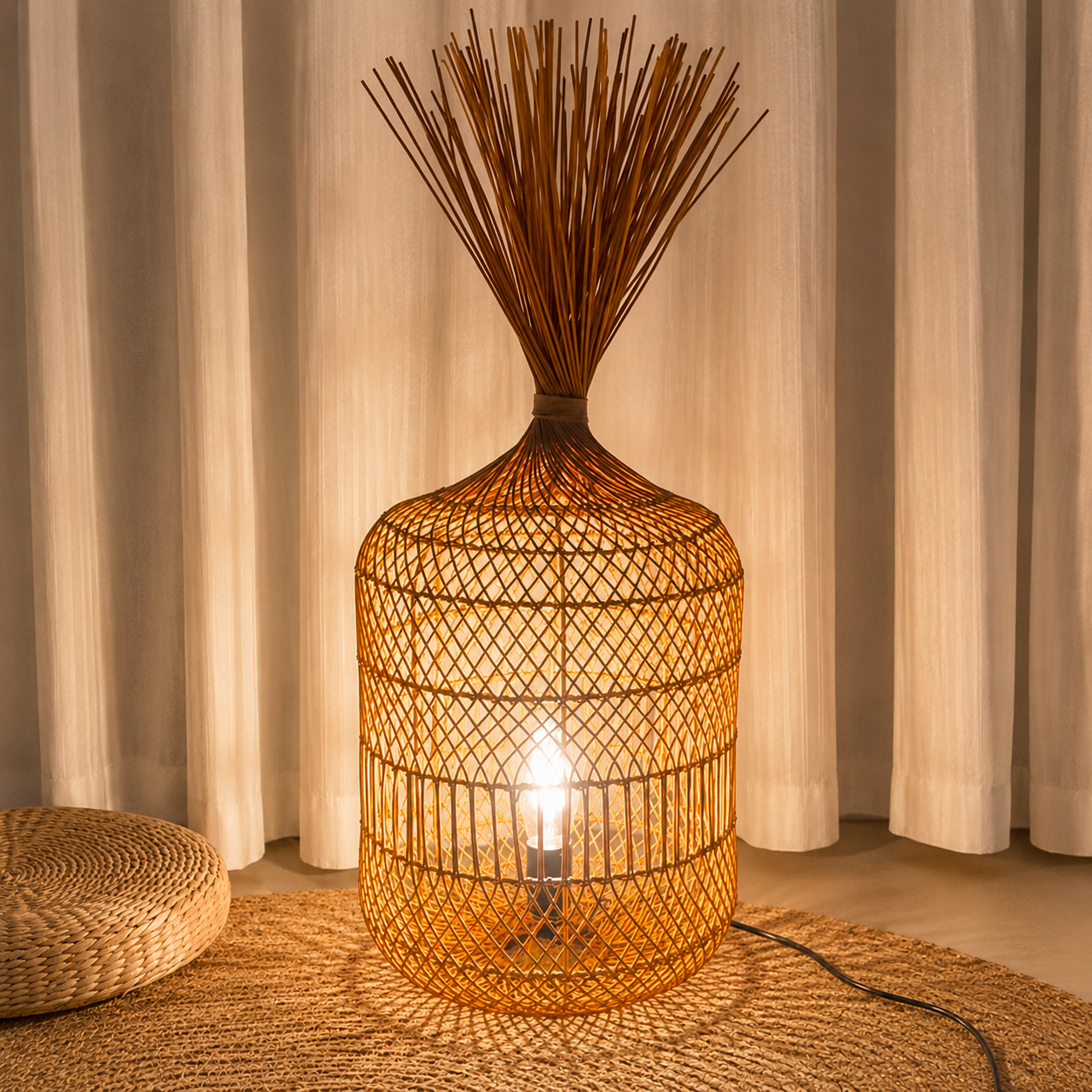 Natural rattan floor lamp with woven cylinder shade, reed bundle top, warm light