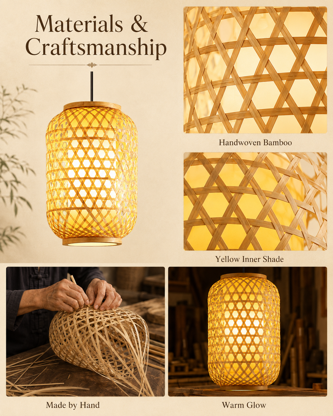Natural materials and handcrafted details of Golden Weave Lantern