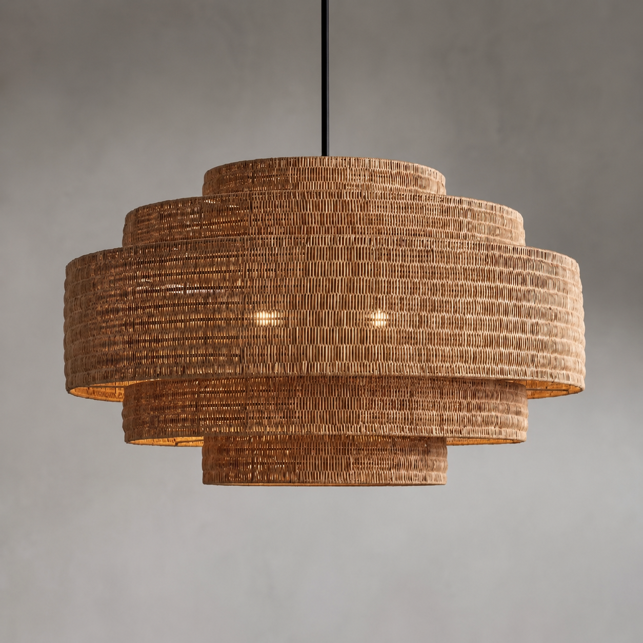 Kago rattan woven pendant light with wide layered rattan shade and visible warm bulbs