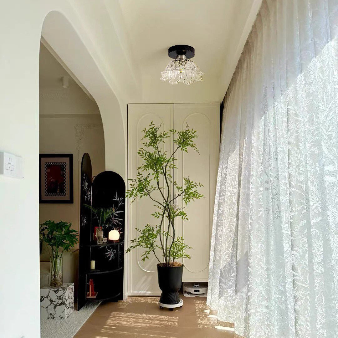 Semi-flush ceiling light with black base and clear petal-style glass shade