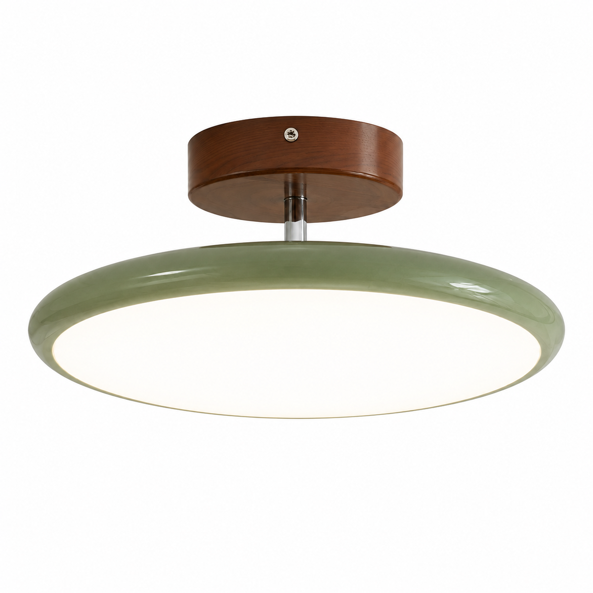 Tri-color flush mount ceiling light with green glass diffuser and wood-toned canopy