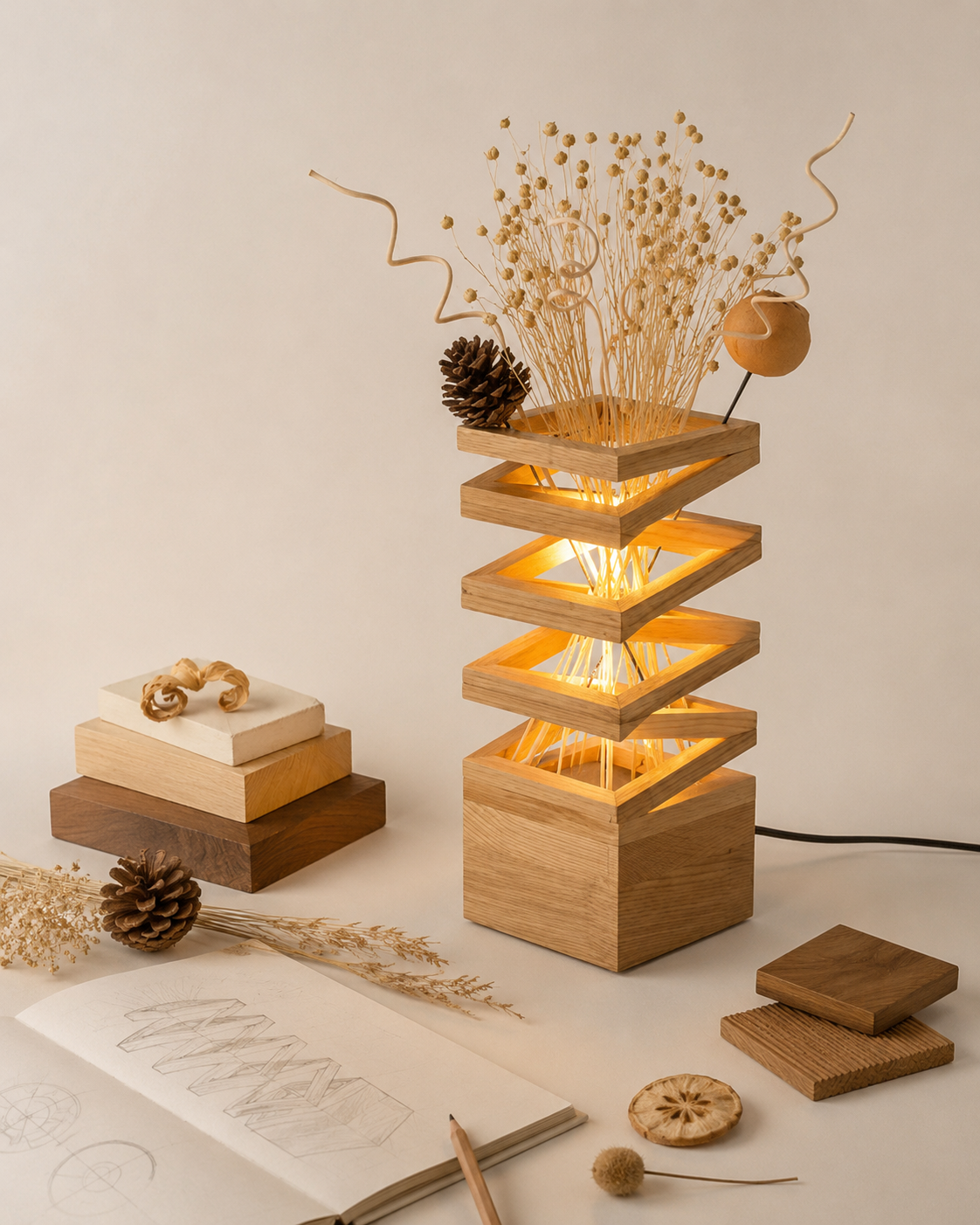 Zen Stack Wood Table Lamp with Dried Botanicals handcrafted lighting design by SolenaLighting