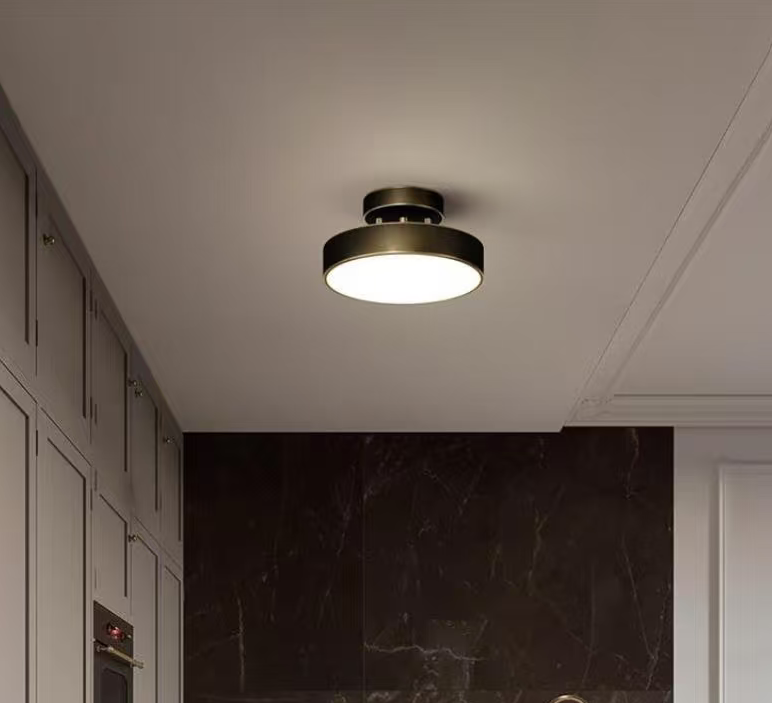 Black drum flush mount ceiling light with round diffuser and top mounting plate