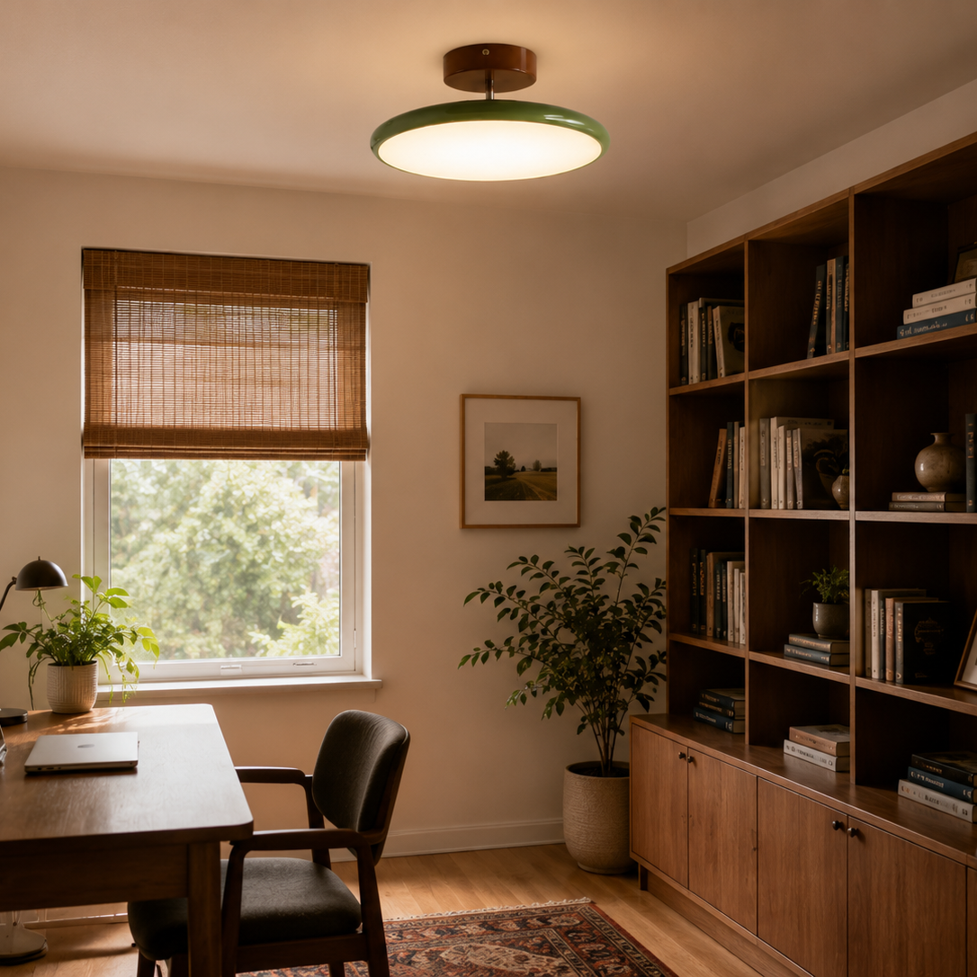 Flush mount ceiling light with green glass diffuser and brown canopy on ceiling
