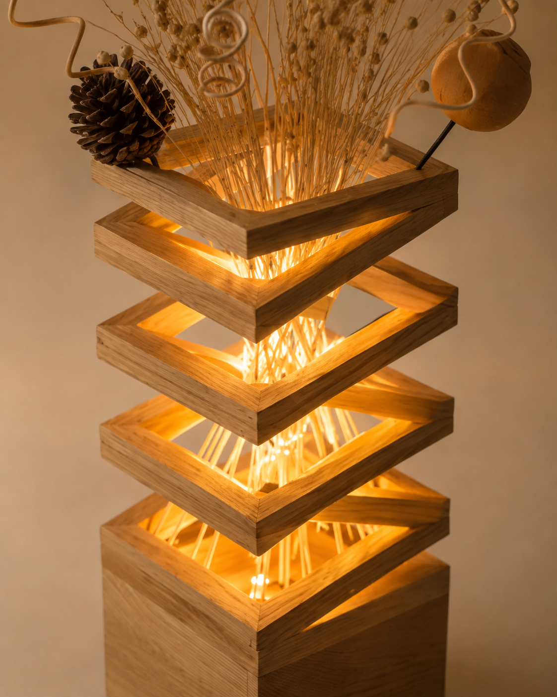 Natural materials and handcrafted details of Zen Stack Wood Table Lamp with Dried Botanicals