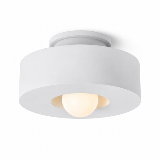 White resin flush mount light with wide round shade and glowing center bulb