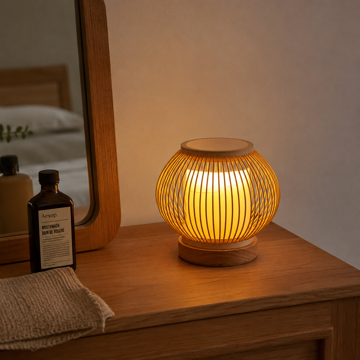 Natural material texture detail of Lunar Cage Rechargeable Table Lamp