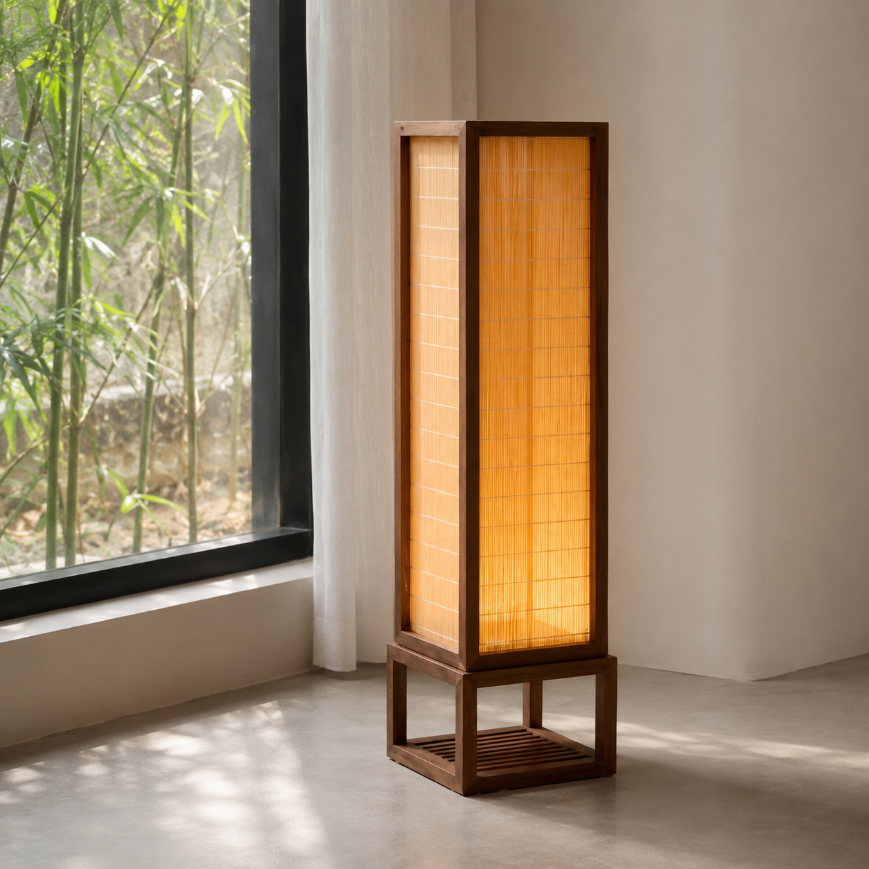 Rectangular floor lamp with warm light bamboo shade in dark wood frame and base